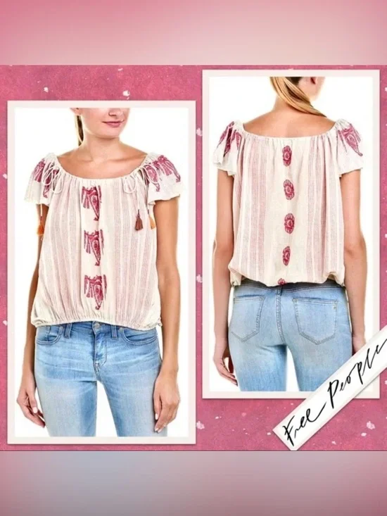 Free People Cream Tank with Pink Embroidered Detail - Picture 4 of 4